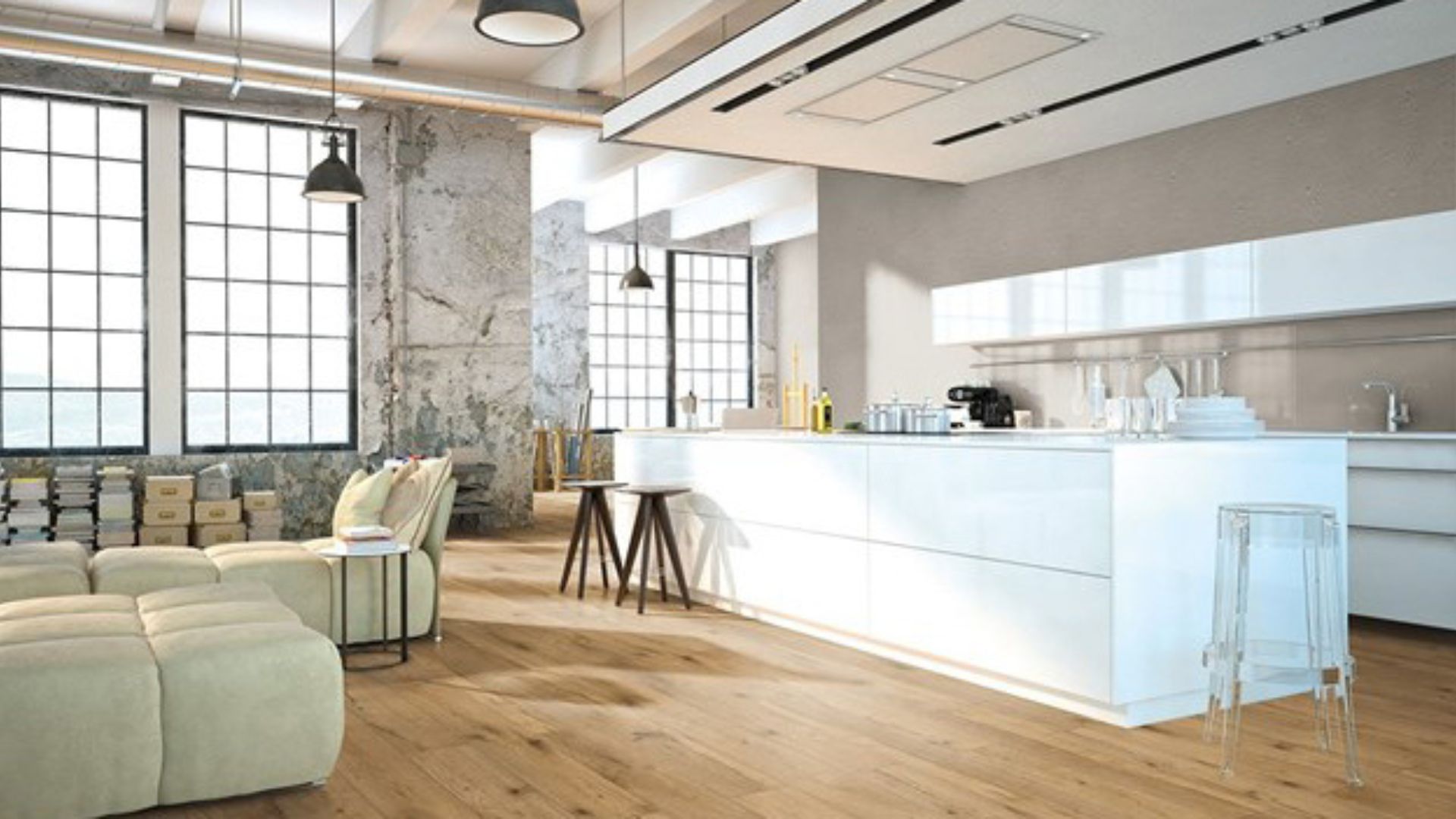 wood look laminate flooring in a open kitchen and living room